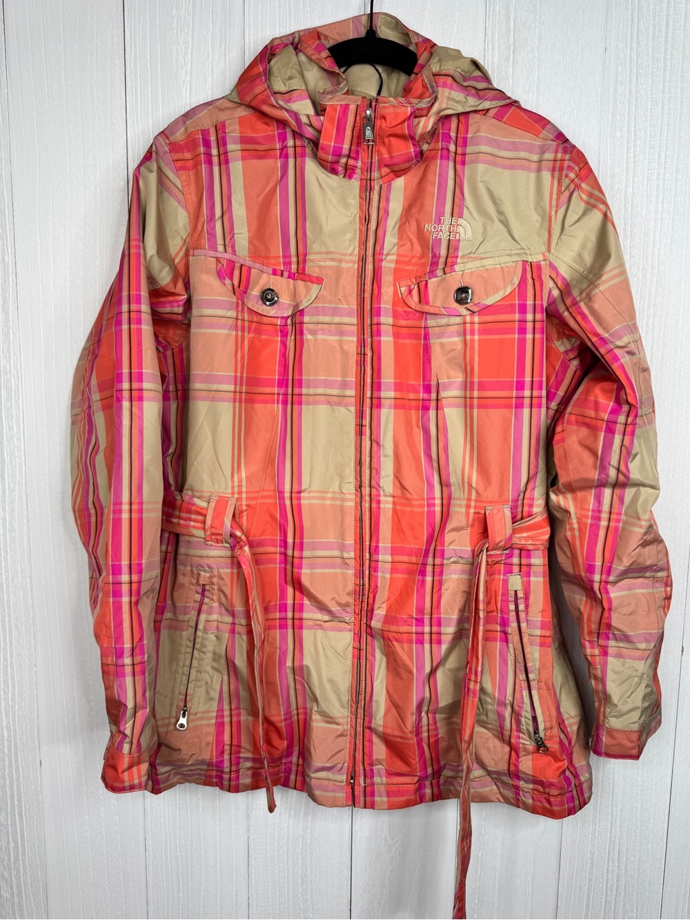The North Face Vintage Plaid Rain Jacket Orange Pink Belted Hooded Coat L